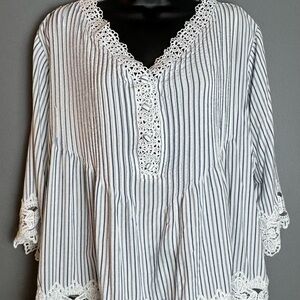 Chelsea & Theodore 3/4 Sleeve Crochet Trim Women’s Blouse 1X Blue White Stripes